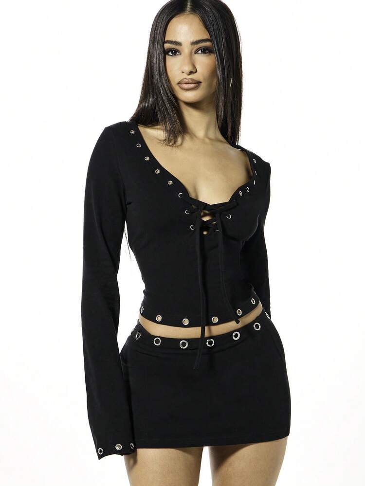 SUMWON WOMEN Long Sleeve Lace Up Top With Eyelet Detail