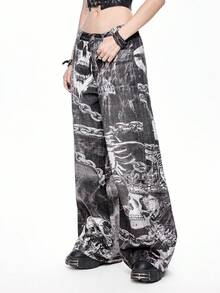 ROMWE Grunge Punk Jeans anchos y sueltos con estampado de cadena de calavera y esqueleto de estilo gótico oscuro - Gris - Ver 4