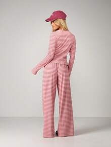 MISSGUIDED 女士条纹两件套套装，纽扣长袖露脐上衣搭配阔腿裤，休闲家居服。 - 粉色 - 查看 2