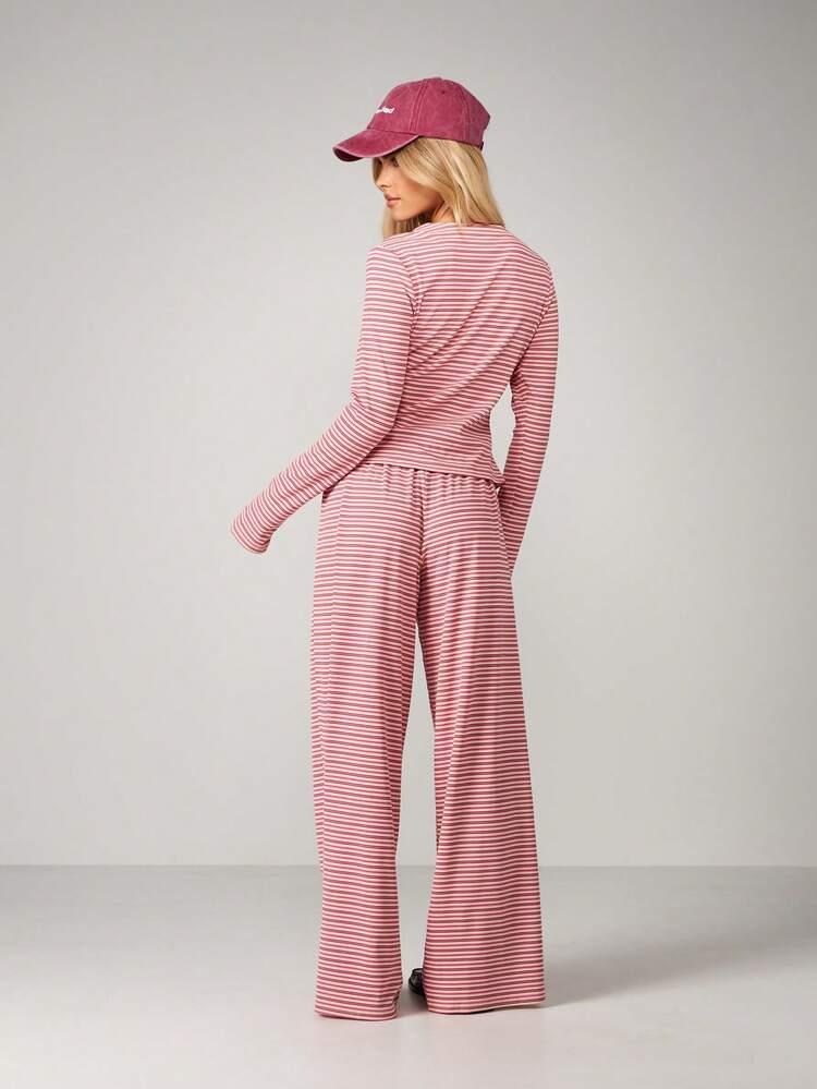 MISSGUIDED Women Striped Two Pieces Co Ord Set Button Through Long Sleeve Crop Top Wide Leg Pants Matching Outfit Casual Loungewear