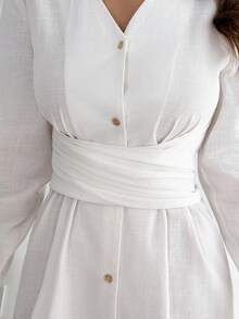 Easowa 女士纯色长袖交叉腰部设计休闲衬衫裙 - 象牙白色 - 查看 6