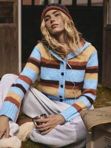 SHEIN Unity Cardigan régulier pour femme, sweat-shirt à capuche boutonnée bicolore, pull élégant et décontracté - Multicolore - Voir 4