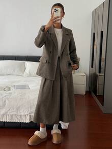 DAZY Vintage Suit Set For Women, Winter, Refined Mature Vibe, Wool Blend Jacket & Skirt 2 Pieces Set - Brown - View 4