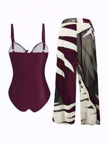 Swim Oasis Plus Size Women Green Jacquard Fabric Casual Vacation Spaghetti Strap Low Neck One-Piece Swimsuit With Skirt And Beachwear Coverup 2 Pcs Set For Summer - Purple - View 2