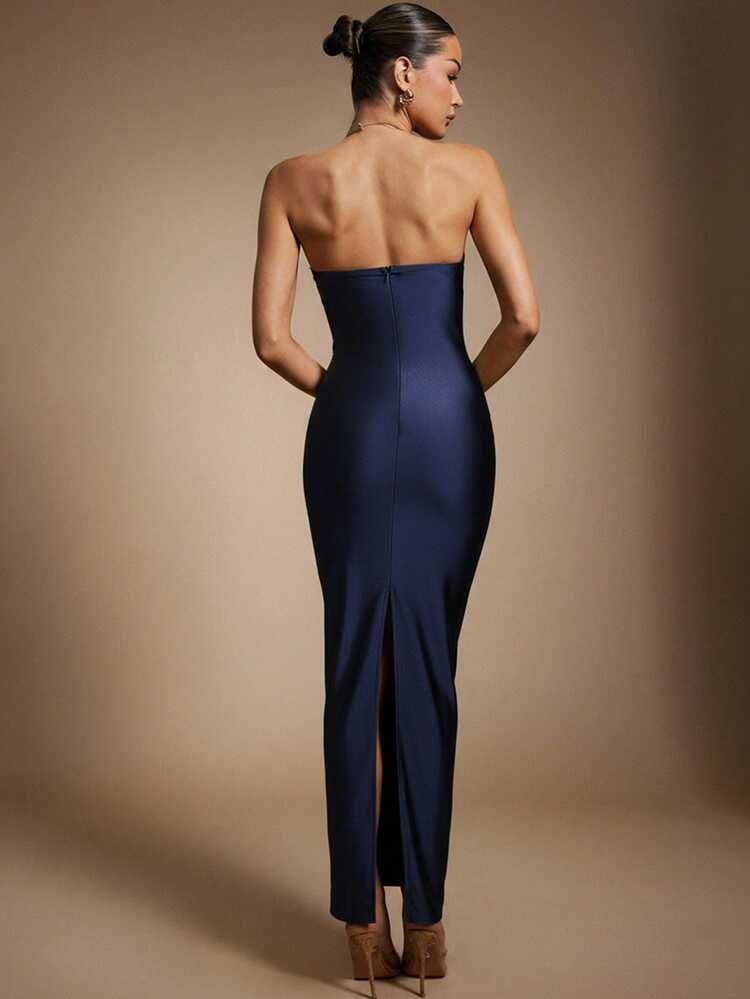 Hauture Vestido Sexy com Franjas Pendentes e Decoração de Metal Dourado para Festa - Azul - Visão 4