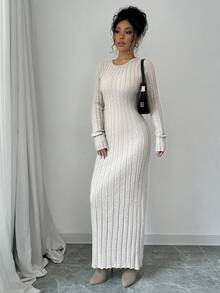 Selianne Vestido de suéter largo de unicolor acanalado para mujer - Albaricoque - Ver 5