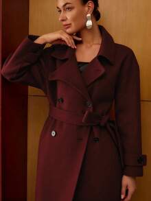 MOTF PREMIUM WOOL DOUBLE BREASTED PLACKET BELTED OVERCOAT - Burgundy - View 7