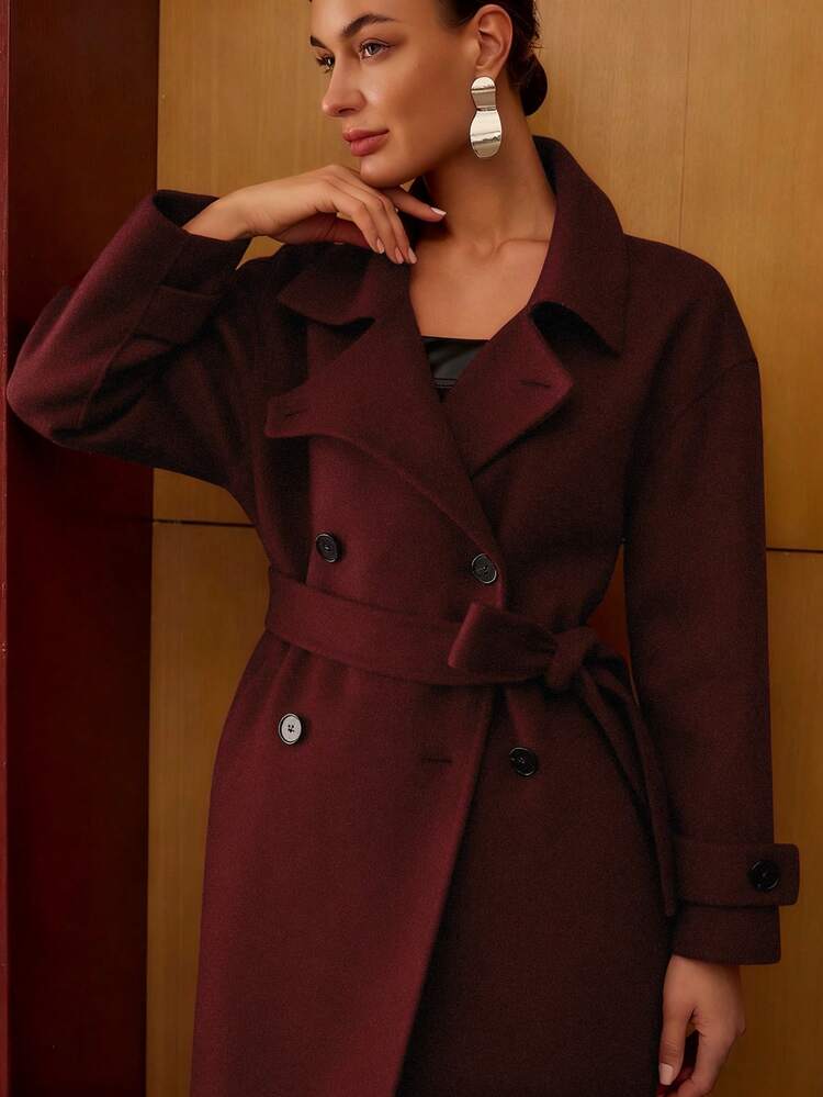 WOOL DOUBLE BREASTED PLACKET BELTED OVERCOAT