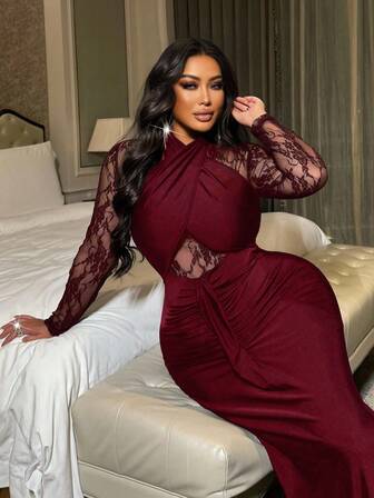 NU&NOW Plus Size Women's Elegant Criss-Cross Halter Design, Lace Patchwork, Ruffle Detail, Fishtail Hem, Fashionable Party, Night Out, Gala, Birthday Dress, Autumn New Arrival Long Dress