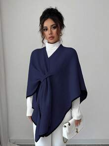 Elenzga 女士新款秋冬单件时尚披肩领开衩斗篷奢华休闲日常开衫毛衣 - 藏蓝色 - 查看 4