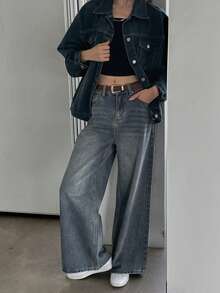 DAZY Women's Solid Color Casual Straight Leg Denim Pants With Pockets,Back To School Clothes Women Jeans - Dusty Blue - View 2