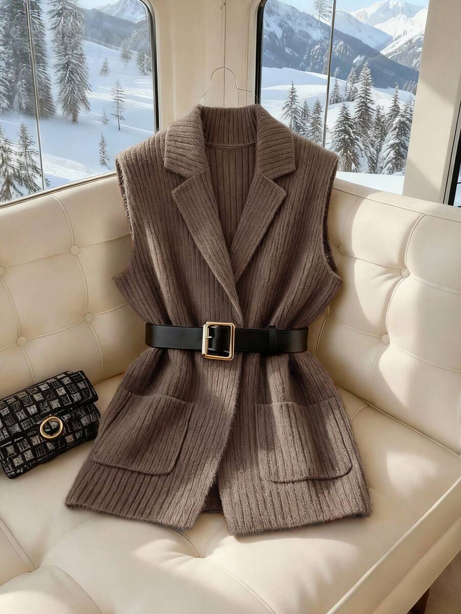SHEIN PETITE Áo khoác cardigan dệt kim cổ chữ V có túi, kiểu dáng thanh lịch, thoải mái dành cho nữ, không kèm thắt lưng. - màu nâu - Xem 1