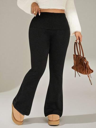Auralis Plus Size Black Ribbed High Waist Cinched Flared Leg Fitted Pants, Suitable For Loungewear, Office, Y2K, Yoga/Winter Bell Bottom Pants Pants Flare Leg Flared Leggings Flared Pants For Women/Slim Fit, Comfortable, Soft Black High-Elasticity High-Waisted Flared Pants/Sweater Pants/Casual Loungewear