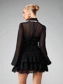 MISSGUIDED Halter Neck Long Sleeve Mini Dress With Tiered Ruffle Details And Sheer Chiffon Fabric For Party Evening Occasions - Black - View 2