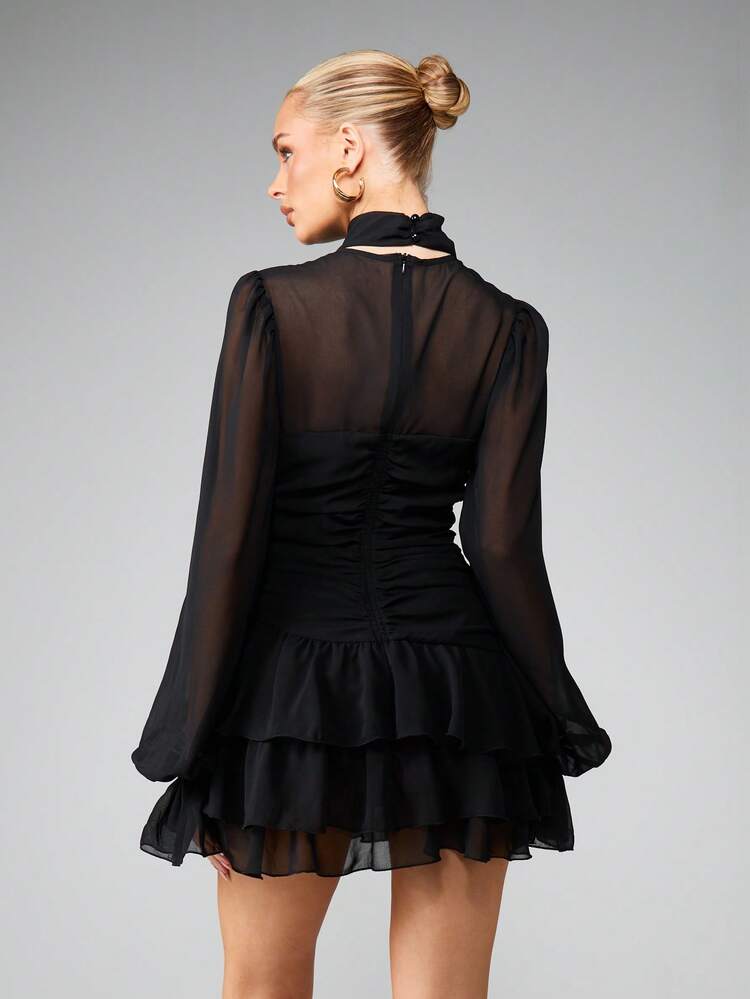 MISSGUIDED Halter Neck Long Sleeve Mini Dress With Tiered Ruffle Details And Sheer Chiffon Fabric For Party Evening Occasions