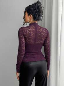 Selianne 女士法式领修身优雅蕾丝长袖T恤 - 紫色 - 查看 2