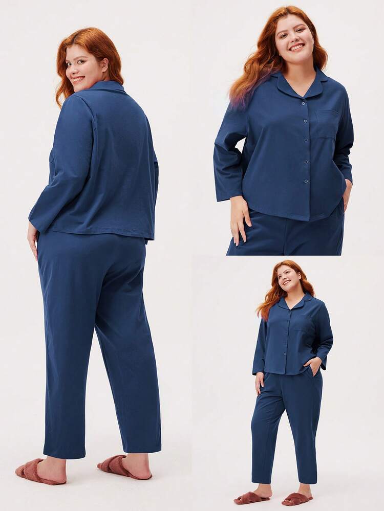 Conjunto de Pijama Básico de Algodão Escovado Macio Plus Size, Conjunto de Loungewear Feminino, Pijamas de Outono