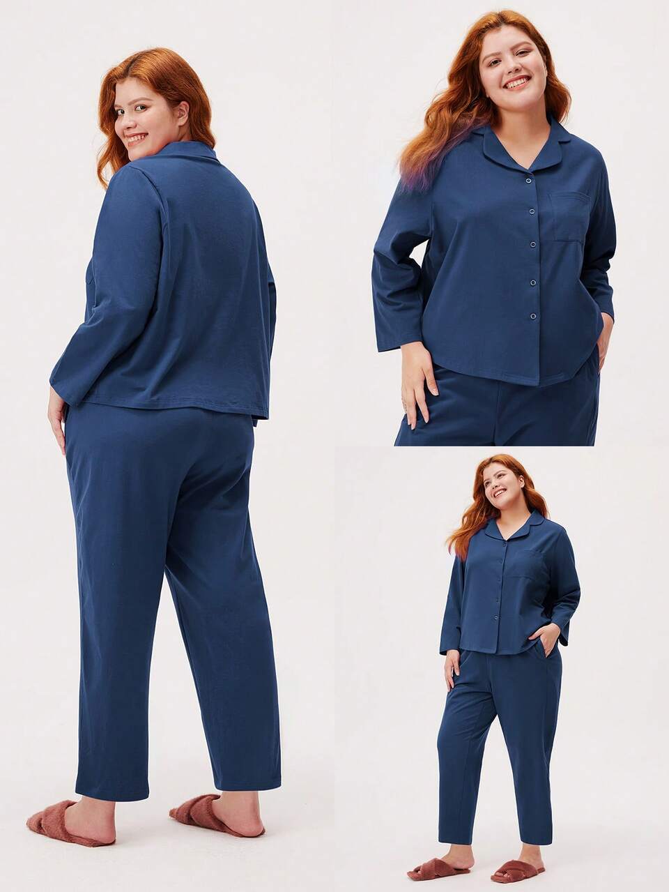 Plus Women Brushed Cotton Button-Up Long PJ Set