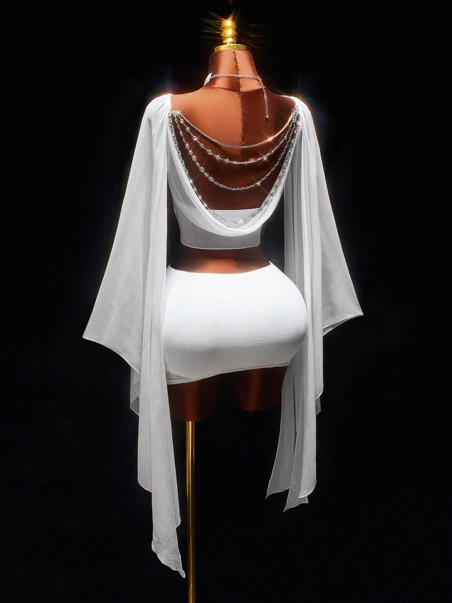 Amplova 两件套女士缎面露背收腰连衣裙，配蝴蝶结披肩领和水钻后背装饰，闪亮亮片迷你裙，适合派对、秋冬季穿着。 - 白色 - 查看 1