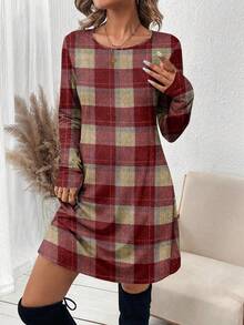 SHEIN LUNE 女士复古格子红色修身圆领迷你连衣裙，秋冬款 - 彩色 - 查看 5