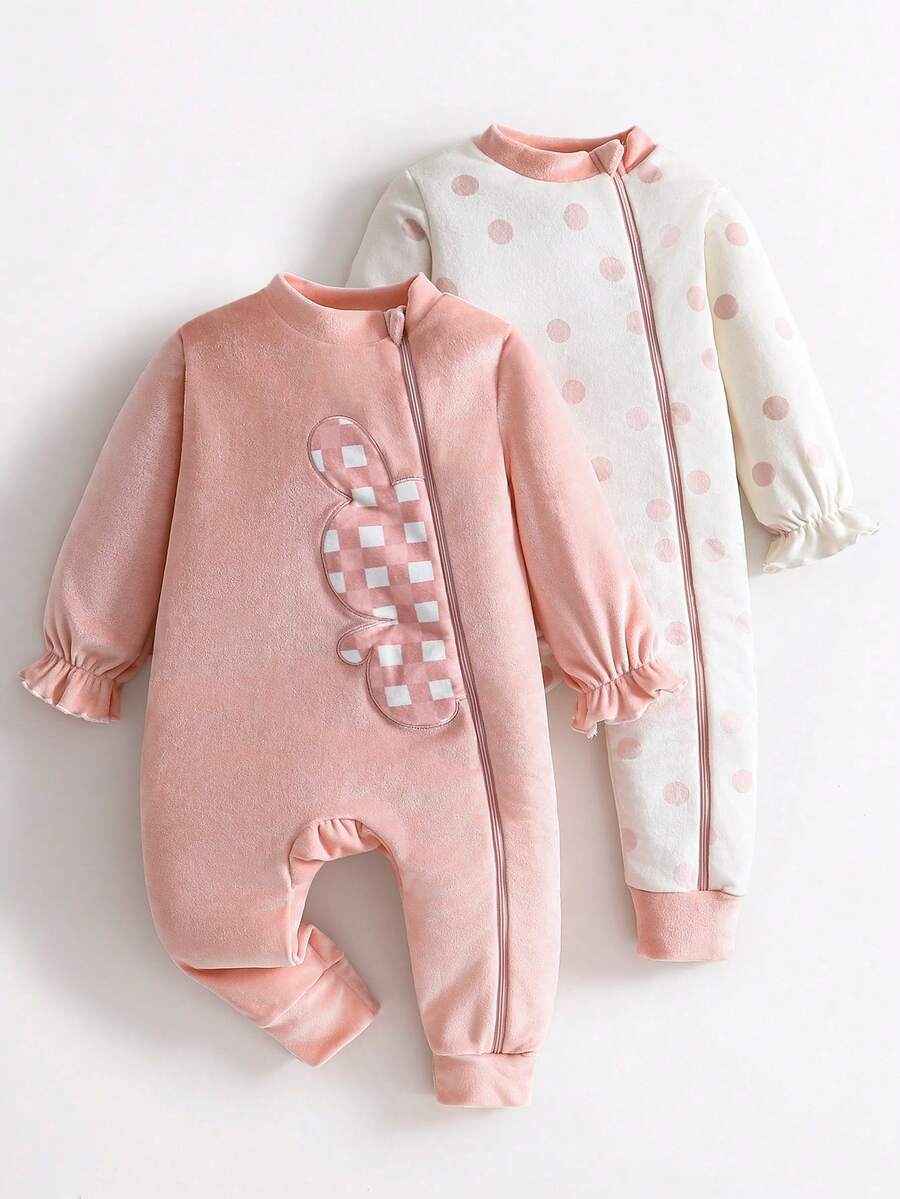 SHEIN Bộ đồ liền thân in họa tiết thỏ kẻ caro và chấm bi nhiều màu cho bé gái, chất liệu vải mềm mại, thân thiện với da, thích hợp cho các hoạt động vui chơi ngoài trời, đi dạo công viên, trung tâm mua sắm, mùa xuân và mùa thu - Nhiều màu - Xem 1