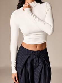 AiiRZ Mock Neck Long Sleeve Fitted Top Ribbed Casual Basic Tee Fall Winter Layering Essential - White - View 5
