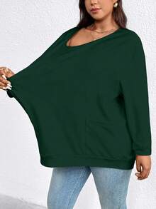 EMERY ROSE Plus Size Casual Solid Color Double Pocket T-Shirt, Versatile For Autumn - Green - View 8