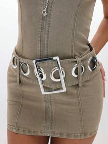 BABYPHAT Sleeveless Denim Mini Dress With Metal Eyelet Belt And Zip Front Closure - Khaki - View 4