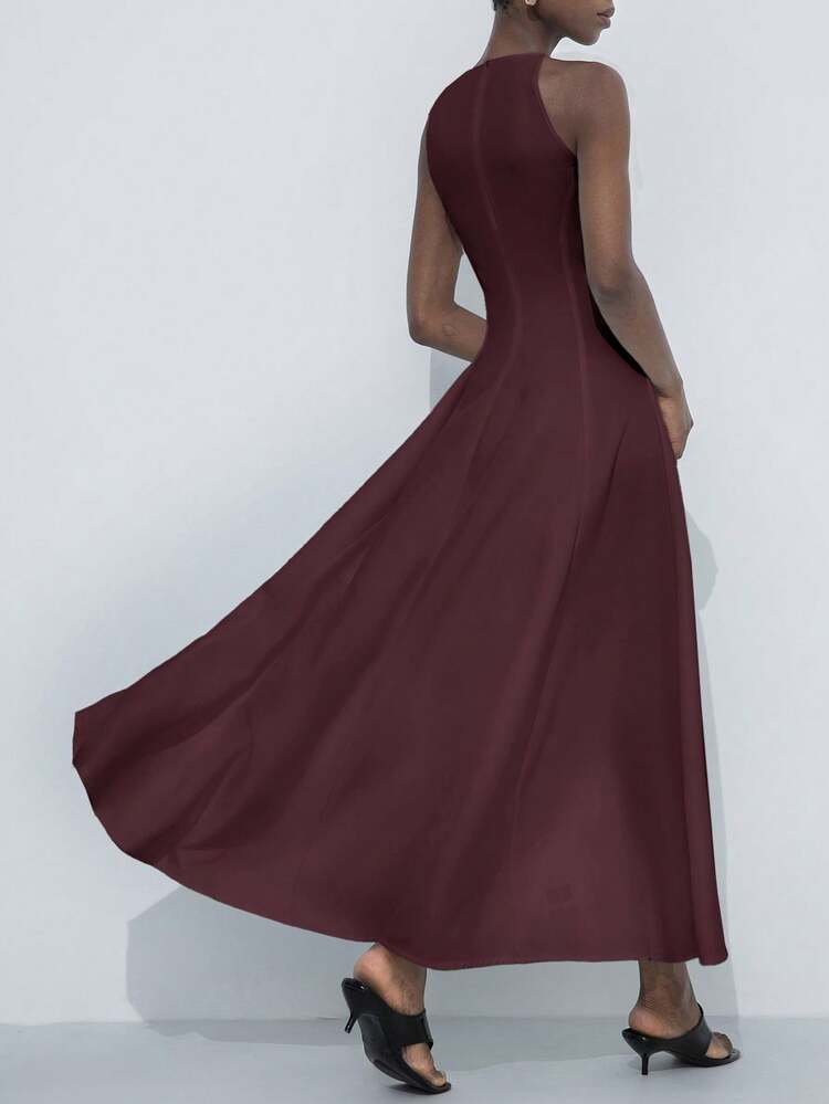 Aveloria Modichic Elegantes Pendler-Maxikleid für Damen mit Rundhalsausschnitt, ärmellos, asymmetrischer Schulter, geraffter Taille und übertriebenen gefalteten Rüschen in A-Linie - Bordeaux - Übersicht 2