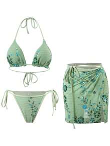 Bonvoyette 1 Bộ đồ bơi 3 mảnh đính sequin tam giác cao cấp gợi cảm dành cho nữ đi biển - màu xanh lá - Xem 3