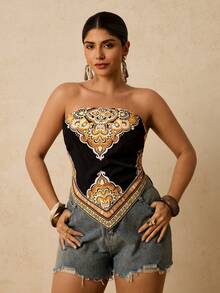 Travachic 大码女式简约热带印花吊带背心，休闲海滩度假风 - 黑色和金色 - 查看 5