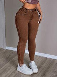 SHEIN PETITE Women's Solid Color Minimalist Everyday Jeans ,Petite Women - Coffee Brown - View 4