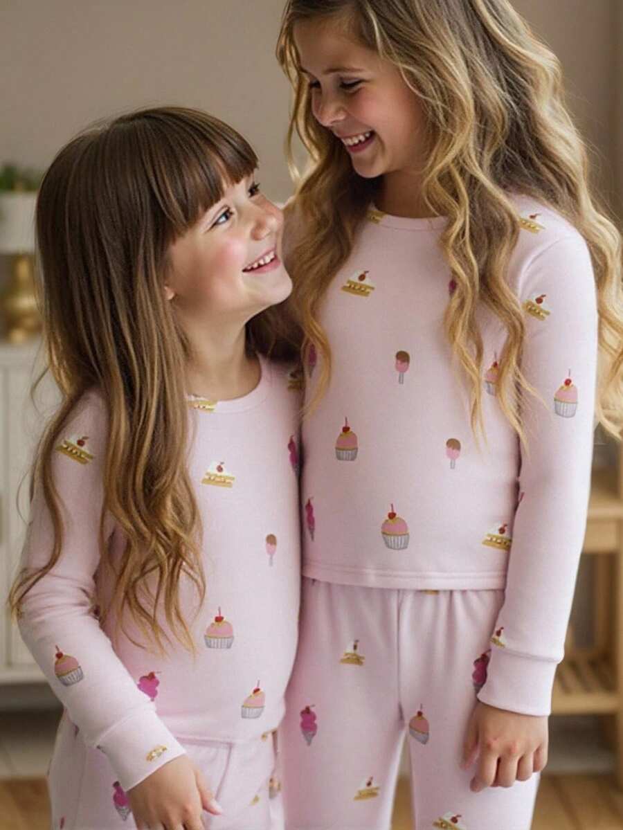 SHEIN 少女休闲舒适冰淇淋图案T恤和裤子家居服套装 - 淺粉色 - 查看 1