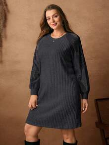 EMERY ROSE Plus Size Solid Color Round Neck Long Sleeve Loose Casual Ribbed Dress - Dark Grey - View 9