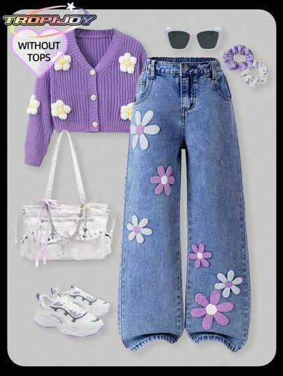 SHEIN Tween Girl New Fashion Distressed Snowflake Embroidered Wide-Leg Jeans Tween Aesthetic Heart Cardigan Daisy Jeans Y2k Teen Y2k Girl Y2k Aesthetic Jean For Girls Y2k For Girls Tween Y2k Tween Girl Y2k Full For 11 To 12 Year Old With Plant Pants With Butterflies And Flowers Aesthetic For Girls Fall Winter 90s Kids
