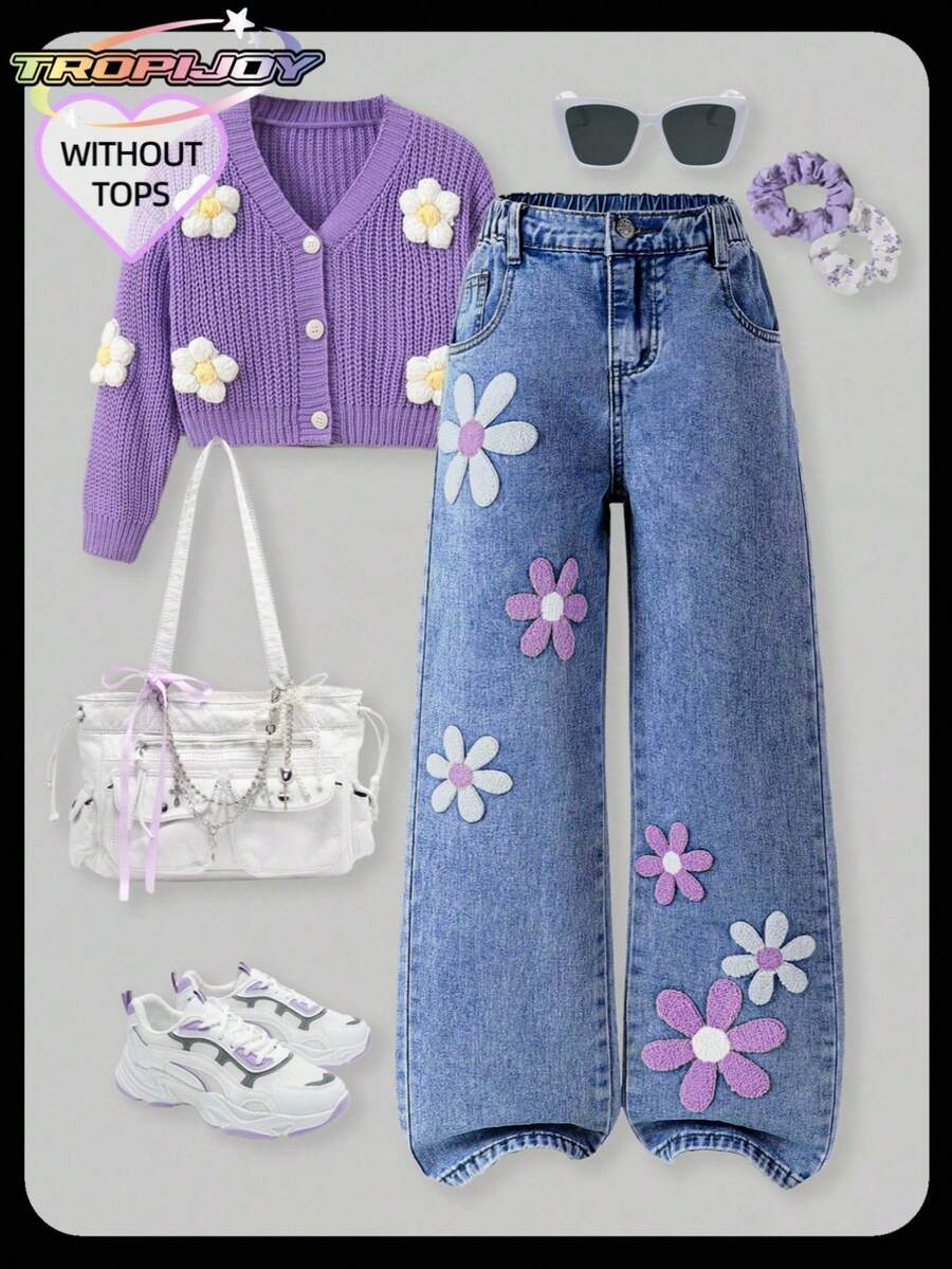 SHEIN Tween Girl New Fashion Distressed Snowflake Embroidered Wide-Leg Jeans Tween Aesthetic Heart Cardigan Daisy Jeans Y2k Teen Y2k Girl Y2k Aesthetic Jean For Girls Y2k For Girls Tween Y2k Tween Girl Y2k Full For 11 To 12 Year Old With Plant Pants With Butterflies And Flowers Aesthetic For Girls Fall Winter 90s Kids - Medium Wash - View 1