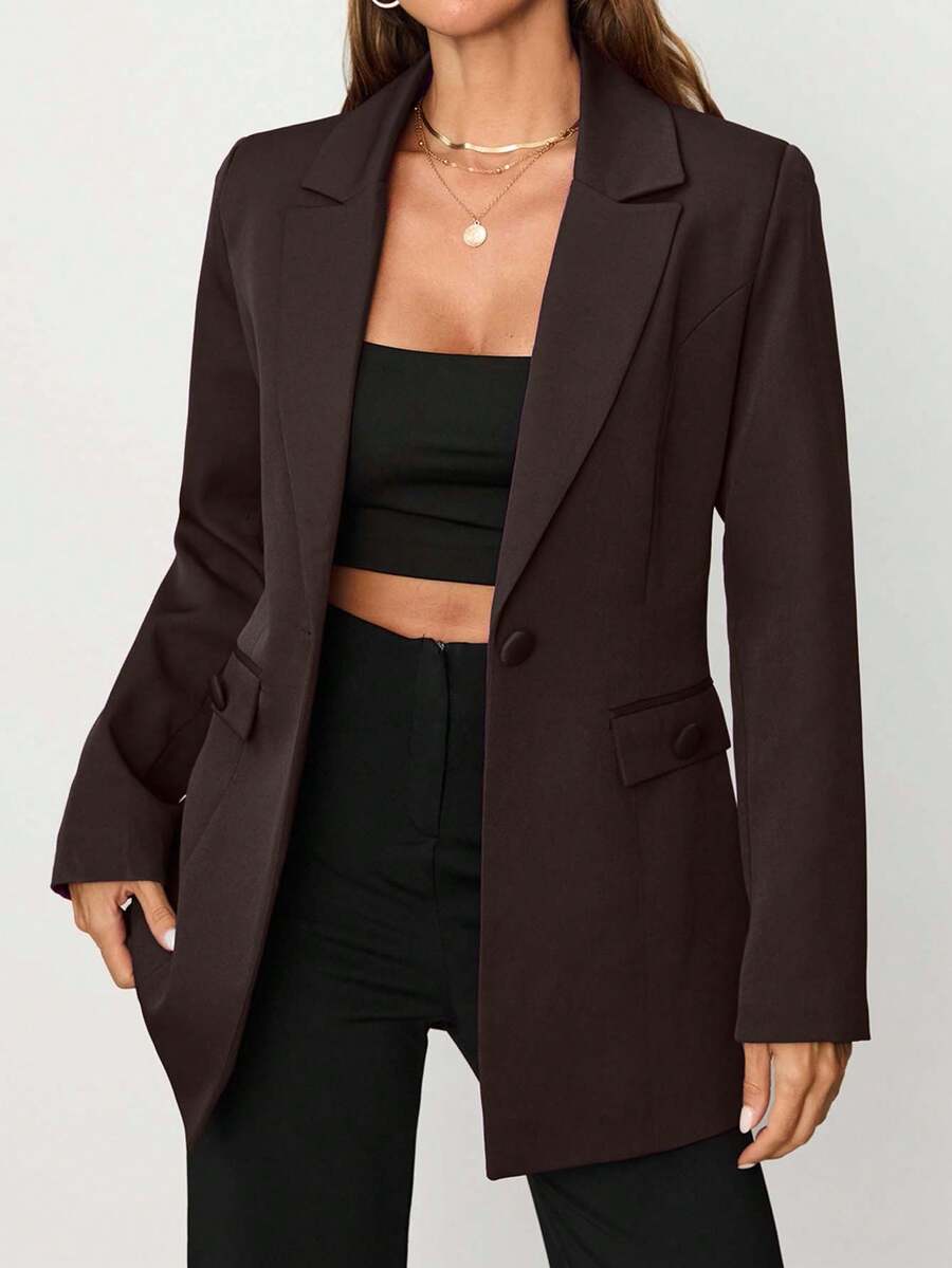 EURMUSE Women's Purple Button Front Pocket Detailed Elegant Blazer Jacket - Brown - View 1