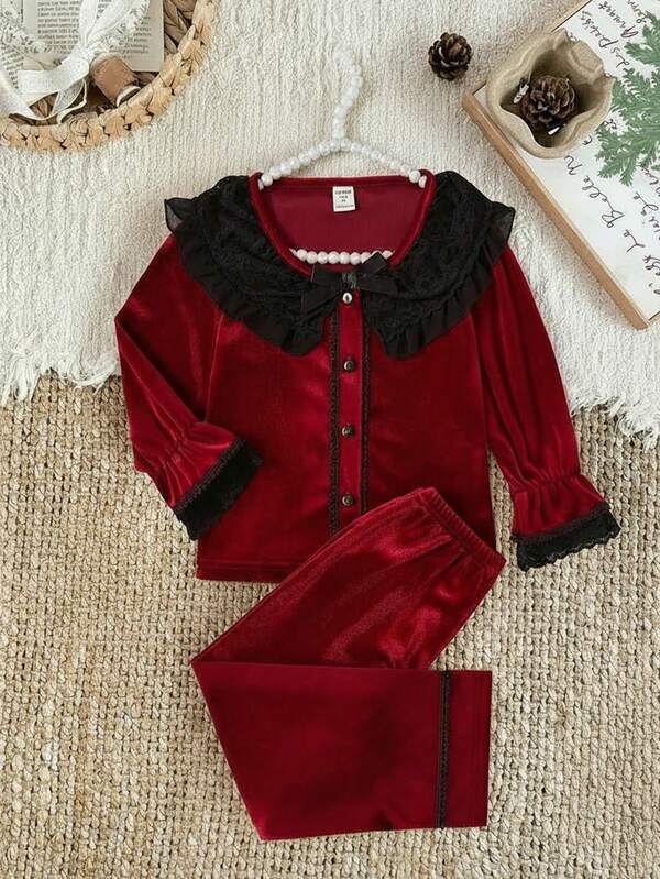 Set de 2 piezas de conjunto casual de hogar para niña joven, camiseta de manga larga y pantalones de terciopelo burdeos