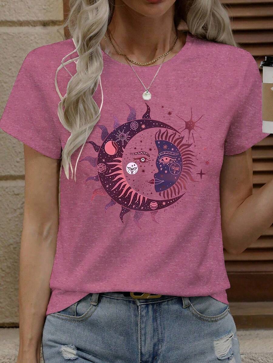 SHEIN LUNE 女式太阳和月亮印花短袖 T 恤，夏季图案 T 恤女式上衣 - 粉色 - 查看 1