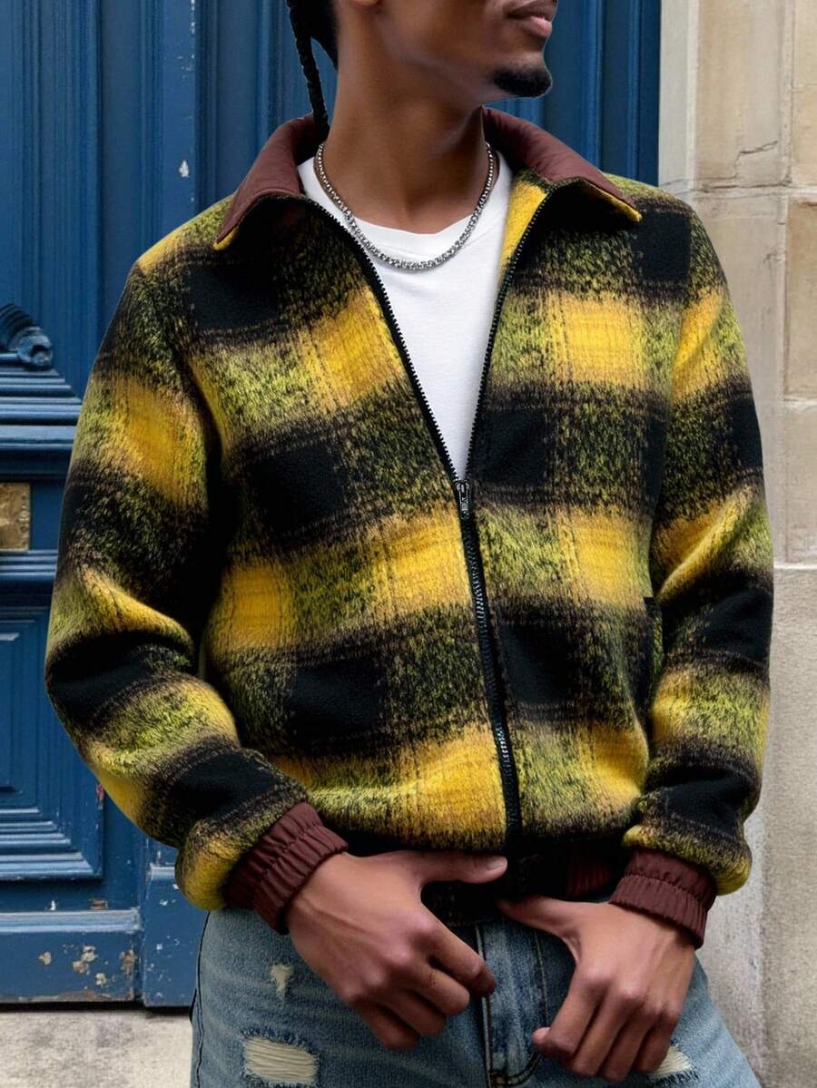 Manfinity Roghcode Men's Yellow Plaid Long Sleeve Patchwork Collar Zip-Up Jacket,Vintage Grunge Streetwear Shacket,Autumn Holiday Baggy Windbreaker Winter Sweater Jacket - Multicolor - View 1