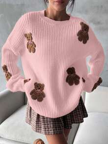 EURMUSE Women Round Neck Oversize Drop Shoulder 3d Mini Teddy Bear Patched Pattern Cute Drop Shoulder Sweater Pullover - Coral Pink - View 7