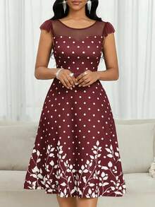 SHEIN Lady Váy dự tiệc chấm bi tay bay phối lưới đan chéo mùa xuân hè - Màu Đỏ Sâu - Xem 5