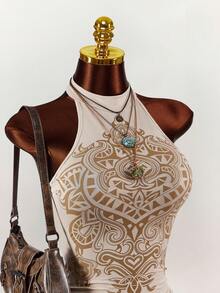 Amplova 荷叶边高领不对称下摆收腰迷你连衣裙 - 杏色 - 查看 5