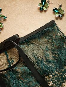 1件装女士低腰蕾丝边性感丁字裤，橄榄绿 - 墨綠色 - 查看 3