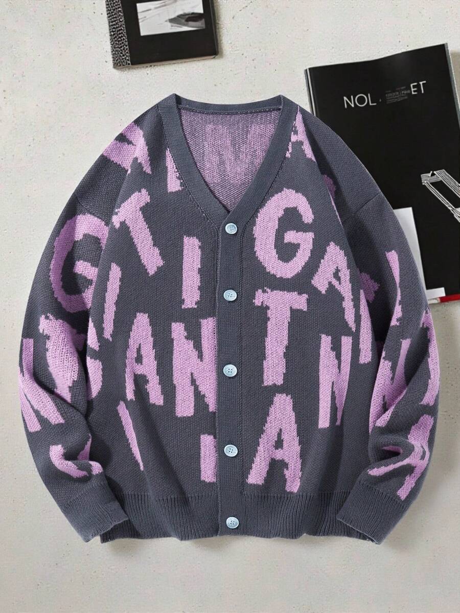 Manfinity Roghcode Áo khoác cardigan dệt kim dài tay, cài khuy đơn họa tiết chữ dành cho nam, mùa thu/đông - Màu tím - Xem 1