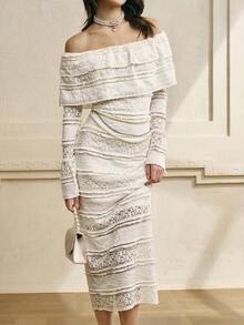 INAWLY 女士优雅提花针织纯色露肩连衣裙 - 米色 - 查看 1