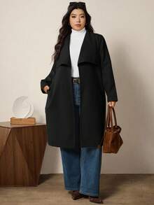 SHEIN LUNE 大码女式纯色翻领长袖开襟休闲羊毛混纺外套，秋冬款 - 黑色 - 查看 4