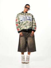 SUMWON WOMEN Camouflage Bomber Jacket With New York License Plate Print And Red Star Accents Winter Outerwear - Multicolor - View 3