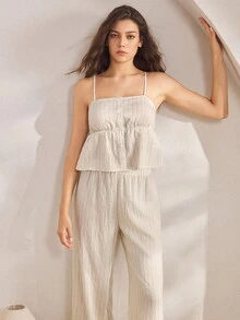 Ocili 休闲舒适天然亚麻柔软条纹吊带背心和裤子睡衣套装，别致的秋季 - 米色 - 查看 5