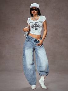 Jeanoix Y2K Fashion Casual Street Style Pleated Loose Low Waist Distressed Jeans